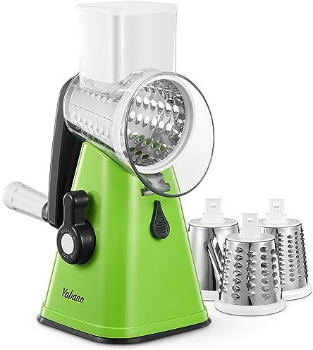 Yabano Rallador giratorio de queso, cortador de verduras con 3 cuchillas de tambor reemplazables de acero inoxidable, triturador de queso con asa, rallador fácil de limpiar para frutas, verduras