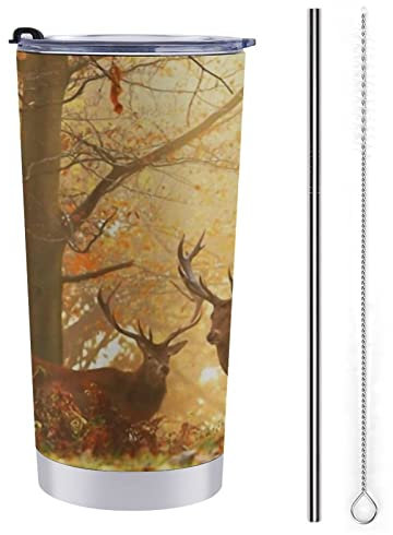 Gambo Wildlife Milu Deer Tasse isotherme en acier inoxydable de 591 ml avec couvercle et paille – Tasse à café de voyage pour boissons glacées, boissons chaudes