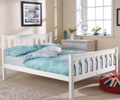 BUYEREMPIRE Wooden Bed Frame 4ft Small Double White Pine Wood Bed Frame (200 X 130 X 82 cm) with Gel Memory Foam Mattress (190 X 120 X 24 cm) (4ft Bed Frame with Mattress)
