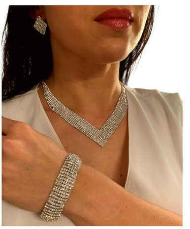ONDEGO® XXL 3er Set V SILBER GLITZERTRAUM Strass Schmuck Kette Schmuckset Armband Hochzeit Collier Halskette Brautschmuck Kommunion Ball Abiball