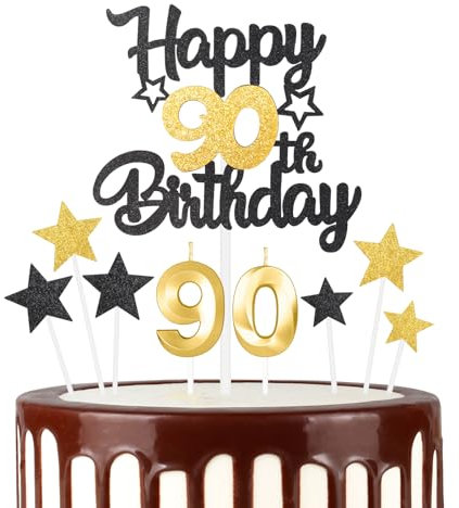 Black Gold 90th Happy Birthday Candles Cake Toppers Set, Number 90 Candle for Cake, Gold Candles for Women Men Birthday Decorations, Star Cake Toppers for Girls Boys Birthday Party Wedding Anniversary