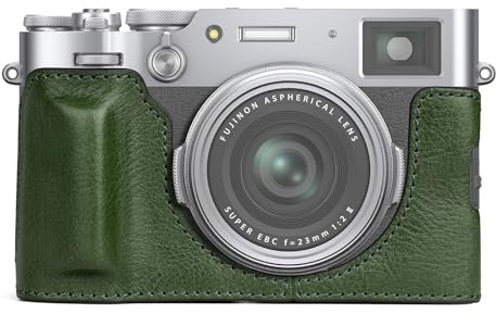 MUZIRI KINOKOO Fuji X100VI Tasche, Echtleder Halbschutzhülle kompatibel für Fujifilm X100VI Kamera – mit Öffnungsboden und Handgriff-Design – Grün