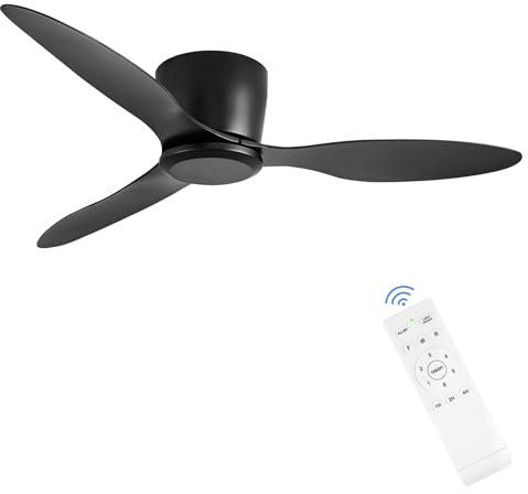 Ventilatore da soffitto senza luce con telecomando, montaggio a incasso, 106 cm, nero, a basso profilo, senza luci, per camera da letto, cucina, soggiorno, esterno