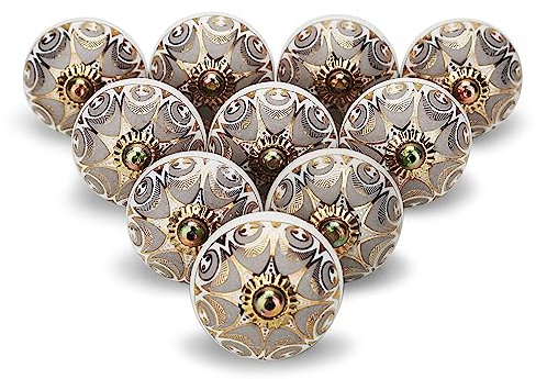 FURNISHFUL FINESSE Dorée Gris Boutons de Porte D'armoire Boutons de Tiroir en Céramique Commode Pour Tiroir Cuisine et Meubles Placard et Poignées en - Lot de 20