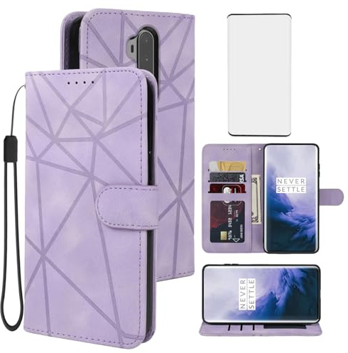Tothedu Custodia per OnePlus 7 Pro, cover per OnePlus 7T Pro 5G GM1910 HD1911 con vetro temperato, custodia in pelle con porta carte di credito, telefono per OnePlus 7 Pro lilla