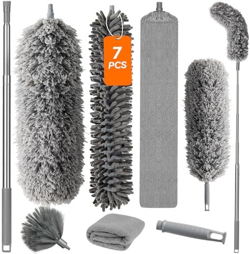 WIWJ Plumeau télescopique Lavable, en Microfibre, Long Extensible jusqu'à 254 cm, avec Balai télescopique pour plafonds Hauts (7 Gris)