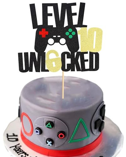 Arthsdite 1Pc Level 10th Unlocked Sign Cake Topper Happy 10th Birthday Level Up Tenth Cake Decorations for Video Game Controller Themed Kids Boy Girl Bday Party Supplies