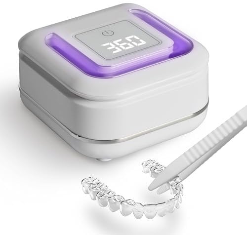 Ultrasonic Retainer Cleaner Machine with 2 Digital Timers U-V Dental Cleaning Pods with Viewport 180ml Portable Denture Cleaner Mouthguard, Nightguard, Aligner, Brace Jewelry, 42kHz White