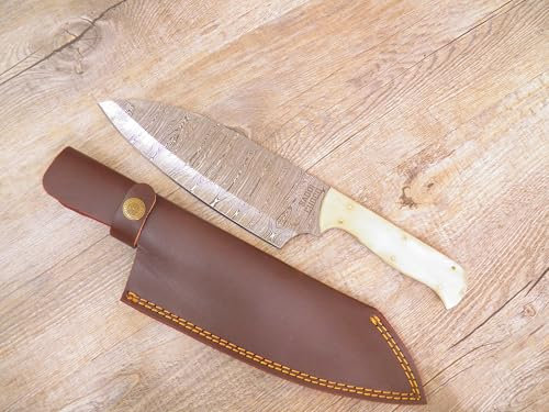 Generico COLTELLO damasco cuoco santoku con fodero in cuoio SARDO manico in osso di tibia 31 cm