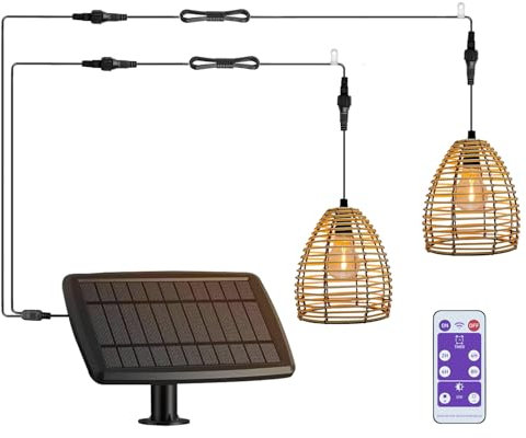 YIKEGE LICHT Boho Solar Hängelampe Outdoor Lampe Solarlampen Außen Hängend Rattan Lampenschirm Hängeleuchte ohne Strom Solarleuchten Treppenleuchten Pendelleuchte Draußen Dachrinnen Pavillon Y Kabel