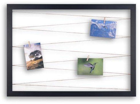 CLAMARO 'Collage Line' Fotohalter 90x70 cm | Schwarz Matt | Querformat Bilderrahmen mit Fotoleine aus Juteband und Holzklammern | Ideal als Fotocollage Galerie, Fotowand oder Fotorahmen