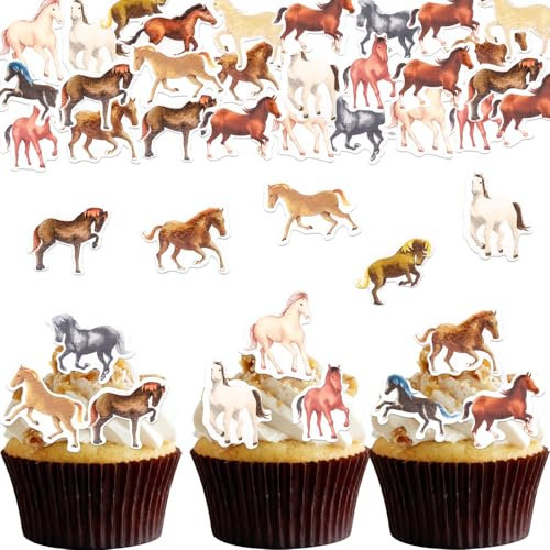 ALEGRE 48 Stück Essbare Tortendeko Pferd,Kuchen Deko Essbar,Esspapier Pferd Tortendeko,Essbare Pferderennen Cupcake Topper,Pferderennen Muffin Deko Essbar für Geburtstag,Babyparty