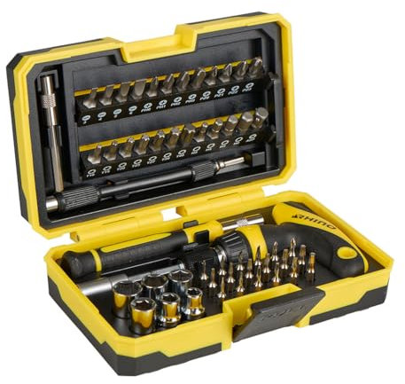 Rhino - Schraubkoffer, Schraubkoffer - mit T-Griff mit Umschaltknarre - 53-teilig - Bits aus Stahl S2 - Für Standard- und Präzisionsschraubanwendungen