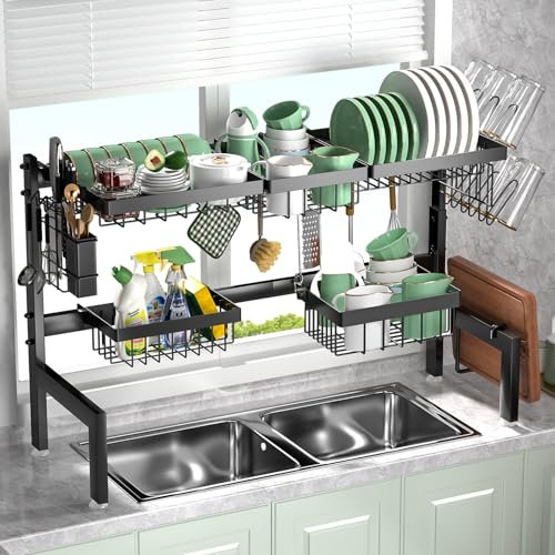 Gemsaya Dish Drainer Rack, 3 Tier Over Sink Drainer Rack Expandable (26-33.5), Over The Sink Steel Dish Drying Rack with 4 Baskets, 5 Hooks, Cutlery Holders, Cup Holder, Cutting Board Rack, Black
