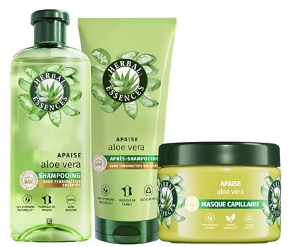 Herbal Essences Sans Sulfates Shampoing 250ml + Après-shampoing 200 ml+ Masque 500ml Aloe Vera – Apaise, Hydrate, Nettoie et Nourrit Les Cheveux Très Secs - Parfum Jasmin, Végan