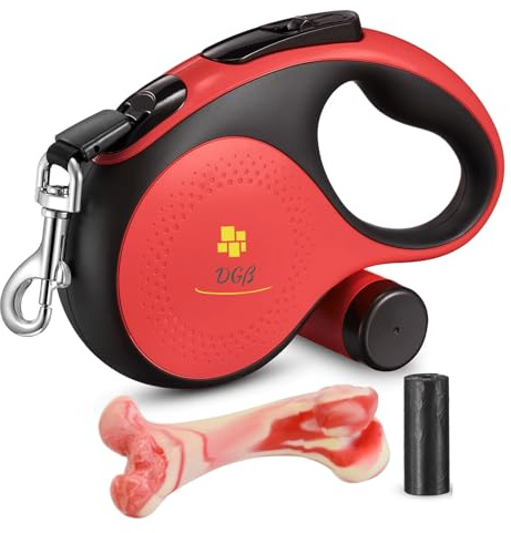DGß Einziehbare Hundeleine, ausziehbar, 3 m, lange Leine für kleine, mittelgroße und große Hunde, rutschfester ergonomischer Griff, bis zu 15 kg, ausziehbar, Größe S, Rot