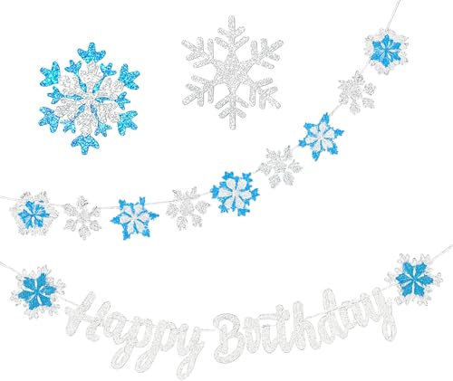 APOMOONS 2 Pieces Banner de Copos de Nieve de Feliz Cumpleaños, Glitter Snowflake Decorations, Banner de Cumpleaños de Copos de Nieve Azul y Blanco para Decoración Fiestas de Cumpleaños Infantiles