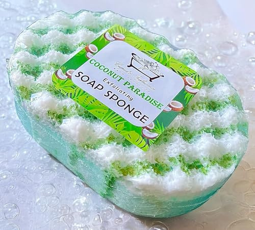 Coconut Paradise Exfoliating Soap Filled Sponge | Shower Pouf | Coconut Body Wash | Body Scrub & Tan Remover | Valentine's Day Gift | Mother's Day Gift | Father's Day Gift | Stocking Fillers