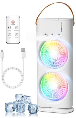 Aire Acondicionado Portatil, Mini Enfriador de Aire con Control Remoto, USB Mini Ventilador 600ml Enfriador Evaporativo 3 Velocidades 3 Modos de Niebla, Air Acondicionado Portátil para Hogar, Oficina