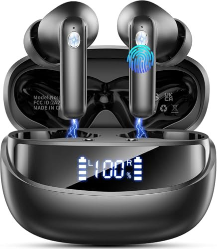 Auriculares Inalambricos 5.4, Auriculares Bluetooth 45H Estéreo HiFi, Reducción de Ruido ENC, LED Pantalla, Carga Rápida USB-C, Cascos Inalambricos IP7 Impermeable, Negro Brillante
