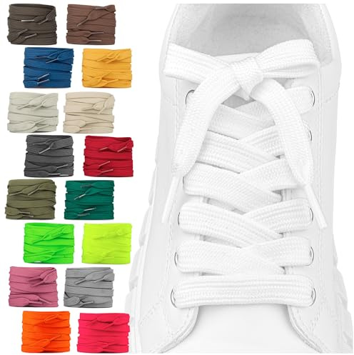 SULPO 2 paia di lacci piatti – 12 mm di larghezza per scarpe – 60–200 cm – Lavabili e resistenti agli strappi in poliestere – 18 colori, bianco, 120cm - 2 Paare