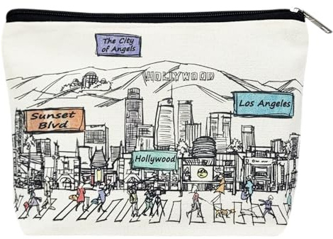 Beary Blu Cities Around the World Cosmetic Bag Series – Designed in the USA, Travel Makeup Bag with Zipper, Souvenir Gift for Women, Cute City Artwork Organizer for Purse or Toiletry (Los Angeles)
