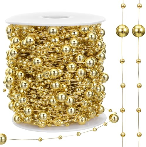 99 Ft Christmas Tree Gold Beads Garland, Gold Beads Pearl Strands Chain for Christmas Tree Garland DIY Decoration, Holiday, Stairs, Fireplace, Wedding, Party, Gift