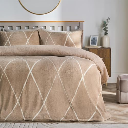 OHS Double Duvet Set, Super Soft Warm Winter Bedding Stylish Diamond Check Teddy Fleece Duvet Set Cosy Fluffy Thermal Teddy Bear Bedding with Pillowcases, Natural