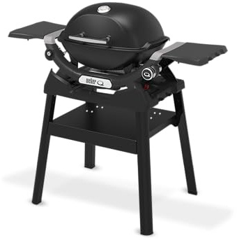Weber Q 1200N Gasgrill mit Seitentischen und Stand | Porzellanemaillierte Grillroste, Deckelthermometer, Hochleistungsbrenner, 1290 cm² Grillfläche, Midnight Black