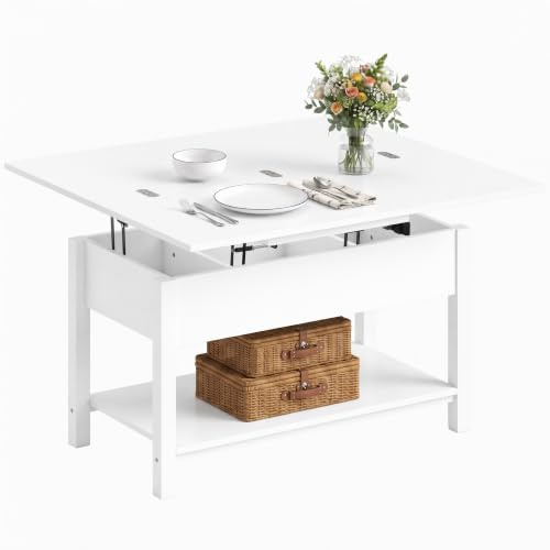 HOMCOM Table Basse relevable et Extensible, Table de Salon avec Plateau Pliant, Compartiment caché et étagère Ouverte, Style Moderne, pour Salon, Bureau, Manger, 100 x 45 x 50,5 cm, Blanc