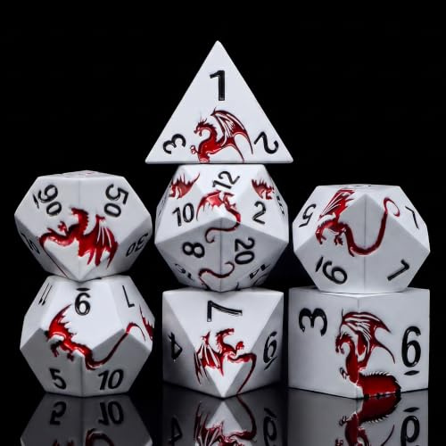 Metall Würfel Set–Drachen Design,7 polyedrische Rollenspiel Würfel D4 D6 D8 D10 D12 D20 D00 für TTRPG (Perlmuttweiß Rot-Drache)