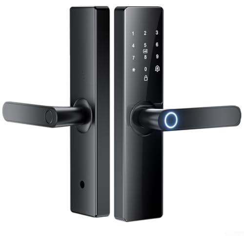 Serrure de porte à empreintes digitales pour porte d'entrée, serrure de porte biométrique, serrure de poignée avec contrôle par application, carte IC, mot de passe et clé, compatible avec Tuya (17 cm)