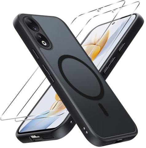 Pnakqil Funda Magnética para Honor 90 con 2 Piezas Cristal Templado, Compatible con MagSafe, Carcasa Translúcida Mate Trasera Fina Antigolpes Silicona Case para Honor 90, Negro