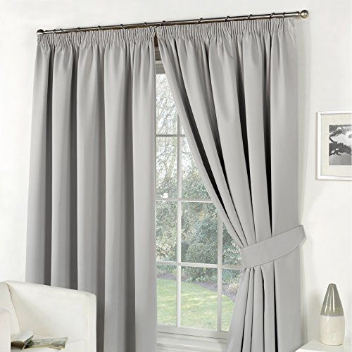 Dreamscene Pencil Pleat Blackout Curtains Set of 2 Thermal Tape Top Heading Panels, Silver Grey - Width 46 x Drop 72
