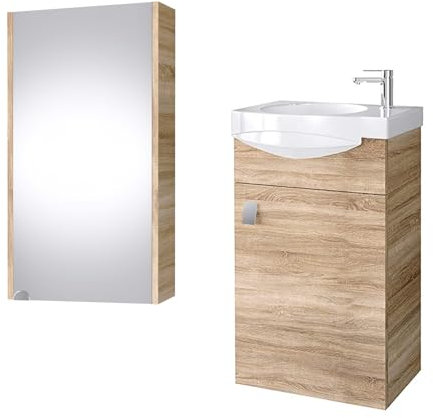 Planetmöbel Badmöbel Set Waschtisch mit Unterschrank 40 x 60 x 29 cm mit Spiegelschrank 40 cm für Badezimmer, Gäste WC & Bad, Sonoma Eiche
