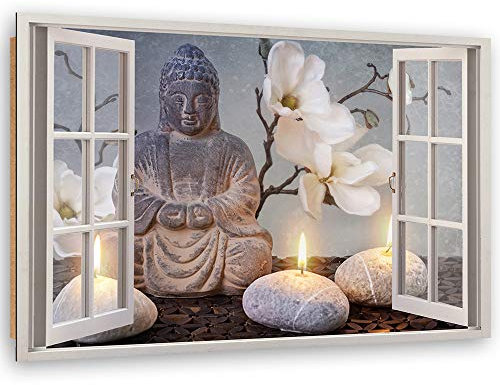 Feeby Image Panneau Déco Fenêtre Vue 3D Zen Spa XXL 120x80 cm 1 pièce Tableaux Tableau Mural Image Moderne Murale Artistique Photographie Cuisine Salon Chambre à Coucher Image Déco Imprimé Beige