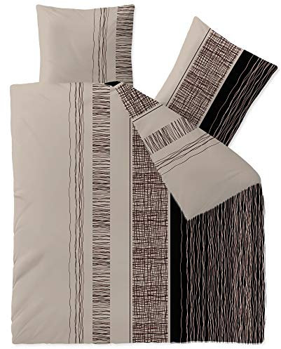 CelinaTex Touchme Biber Bettwäsche 200 x 200 cm 3teilig Baumwolle Bettbezug, Set, Bettgarnitur für Sommer und Winter, ganzjährig, pflegeleicht, Greta beige grau schwarz