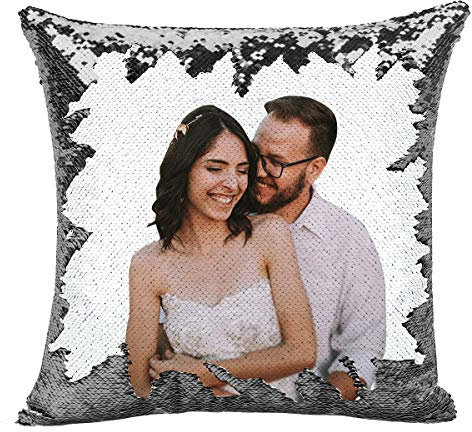 deutschwaren Personalisierte Kissen, Pailletten Kissen individuellem Bild 40 x 40 cm Foto Kissen mit Wendepailletten Startseite Schlafzimmer Sofakissen (mit Füllung) (Silber)