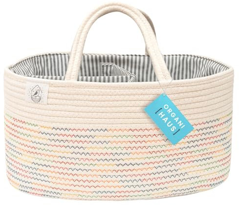 OrganiHaus Baby Organizer Korb, Aufbewahrungskorb für den Wickeltisch und das Kinderzimmer, Geschenke für Neugeborene & Baby Aufbewahrungskorb mit Fächern & Griffen, Regenbogen Ziernähte
