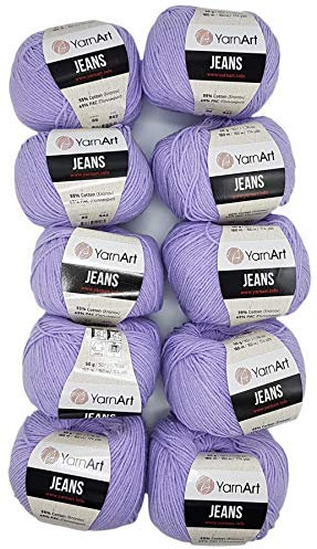 10 x 50g Strickwolle YarnArt Jeans einfarbig mit 55% Baumwolle, 500 Gramm Wolle Uni (Flieder 89)