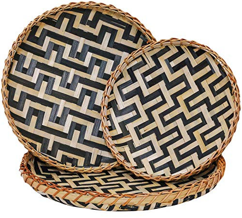 Lot de 3 paniers muraux en bambou tissé de style bohème pour organiser la cuisine, plateau en osier pour table basse, assiettes décoratives à suspendre au mur, plateau de service en osier de ferme