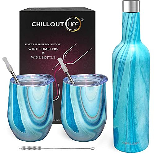 CHILLOUT LIFE Stainless Steel Wine Tumblers 2 Pack 12 oz & 1 Insulated Wine Bottle - Double Wall Vacuum Insulated Wine Cups with Lids and Straws Set - Ocean Marble