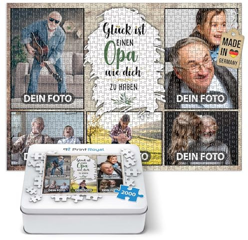 Foto-Puzzle mit 5 Fotos Bedrucken - Glück ist einen Opa wie Dich zu haben - Collagen-Puzzle selber gestalten für den Opa - 2000 Teile inkl. hochwertiger Metalldose