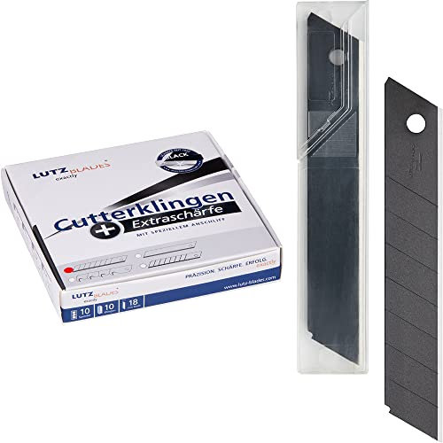 LUTZ BLADES Profi Cuttermesser Klingen schwarz, 18mm, 0,5mm stark, 100 Klingen in 10er Spendern, extra scharfe Ersatzklingen für Cutter- und Teppichmesser, Folienmesser, Leder, nasse Tapete und mehr