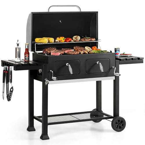 Sophia & William Barbecue au charbon de bois extra large avec plateau à charbon réglable et 2 tables d'appoint pliables, noir