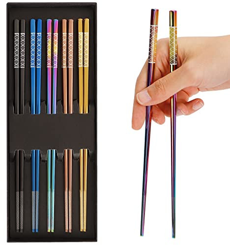 TIICOO Metall-Essstäbchen Wiederverwendbar 18/8 Edelstahl lasergraviert Premium-Titan Mehrfarbig Spülmaschinenfest Leicht Japanischer Stil 5 Paar Essstäbchen Geschenkset (Stil 2)