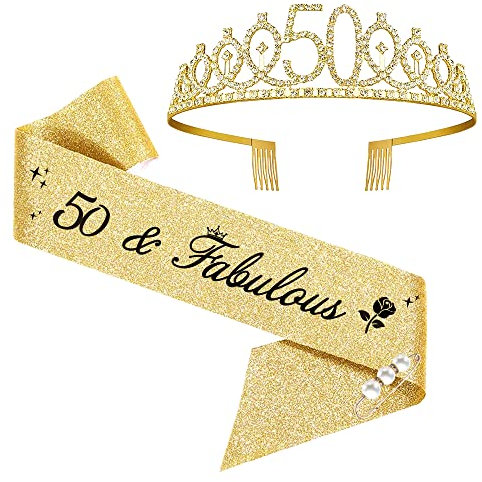 50. Geburtstags Tiara, 50 & Fabulous Geburtstags-Krone Schärpe Set, 50 geburtstag deko, geschenke zum 50 geburtstag frau (Gold)