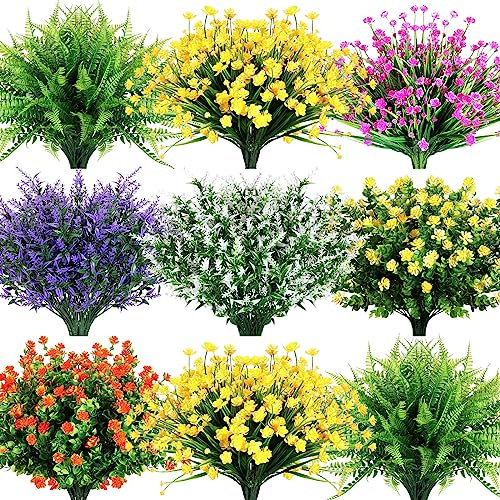 Zeyune 42 Bundles Artificial Flowers Fake Outdoor Flowers UV Resistant Faux Outdoor Plants Artificial Greenery Plastic Artificial Shrubs for Artificial Grasses Fake Flowers for Garden Home Box