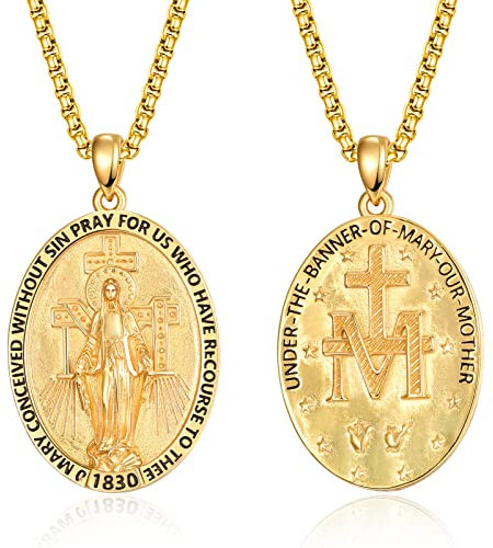 ADMETUS Gold Wundertätige Medaille Sterling Silber Jungfrau Maria Kette Heilige Maria Medaille Katholische Anhänger Schutz Schmuck Religiöse Geschenk für Herren