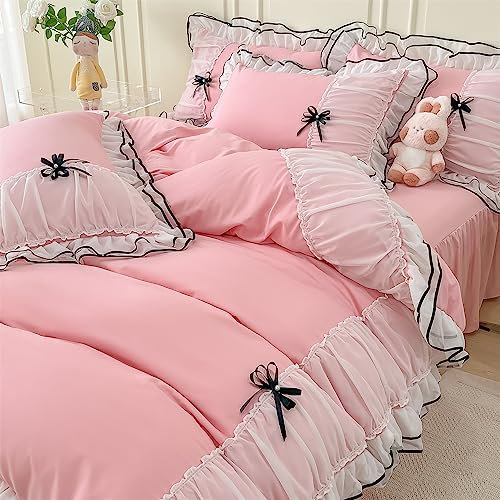 IHOUSTRIY Rosa Bettbezug Queen-Size, Rüschen-Bettwäsche-Set mit Fliege, 3-teiliges Bettdeckenbezug-Set mit Reißverschluss, Mädchenbettwäsche mit Kissenbezug – Hellrosa, Queen-Size-Bett, Bettdecke